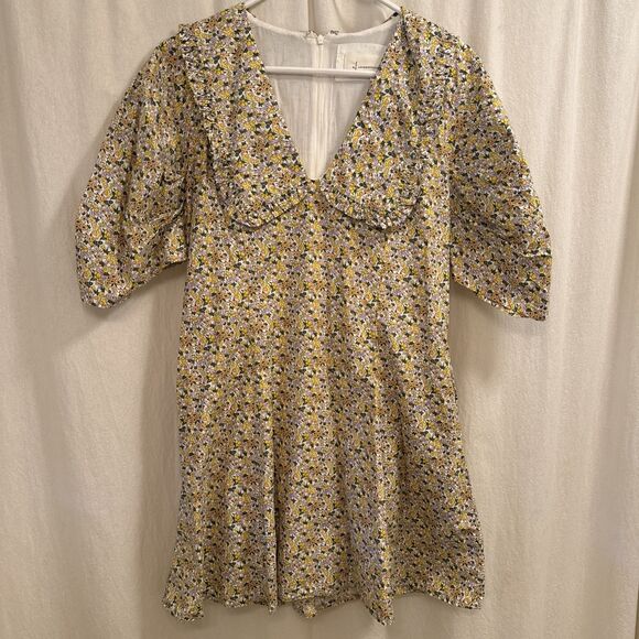 By Anthropologie Peter Pan Collar Yellow Floral Mini Dress Sz 14 - Picture 1 of 6